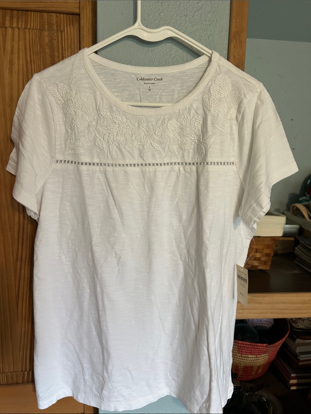 Coldwater Creek White Embroidered Yoke Short-Sleeve Tee